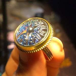 Peacock Iridescent Czech Glass Genuine Antique Gear Adjustable Brass Band